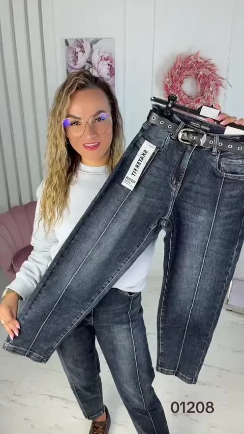 Spodnie jeans skater fit z przeszyciami na nogawkach oraz czarnym paskiem VERSION 15073 (27) 3D